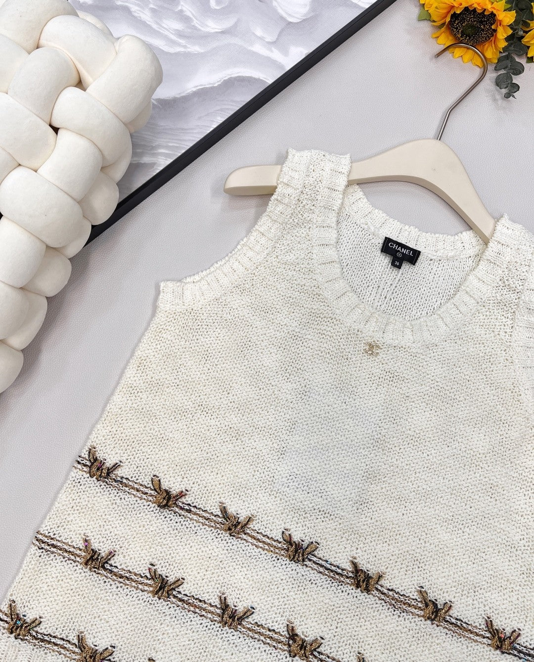 Gold Thread Butterfly Embroidered Knit Vest
