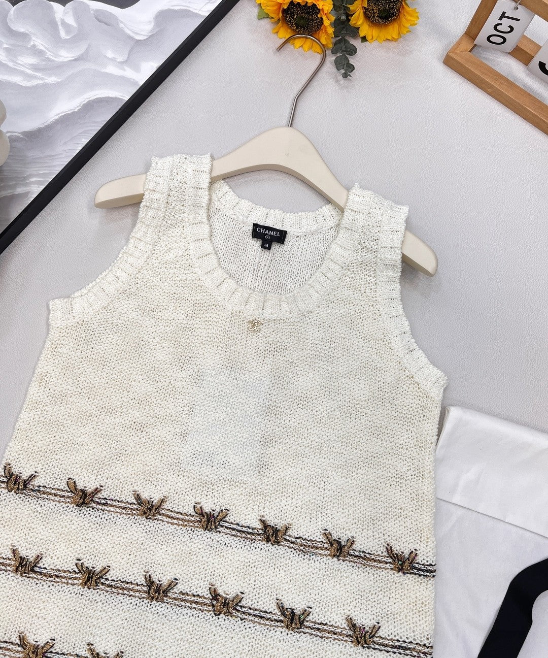 Gold Thread Butterfly Embroidered Knit Vest
